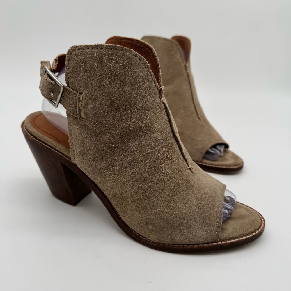 Frye Courtney Ash Tan Suede Leather Slingback Shootie Mule Heel Size 8.5 B
